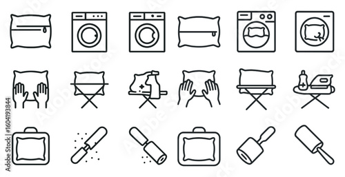 Laundry and cleaning line icons set – outline, household chores, washing symbols