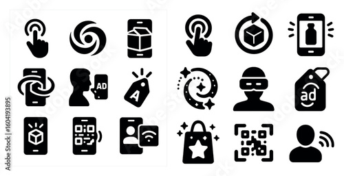 Advertising and digital marketing solid icons set – filled, flat symbols for promotions