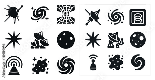 Space exploration silhouette icons set – cosmic, astronomy, galaxy symbols
