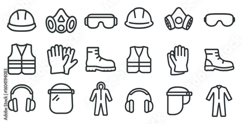 Safety equipment outline icons set – protective gear, industrial safety symbols