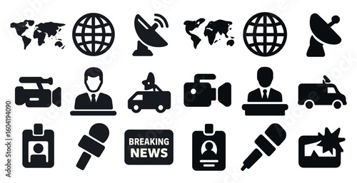 Broadcasting and media icons set – solid, filled, news and communication symbols