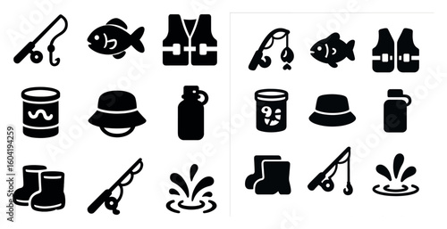 Fishing and outdoor solid icons set – silhouette, filled, aquatic gear symbols