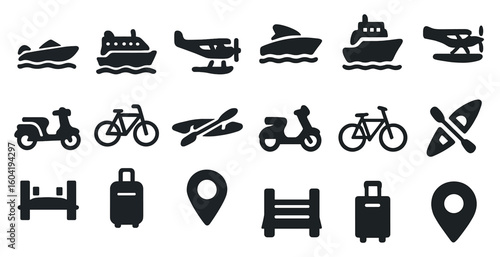 Water transportation solid icons set – filled, silhouette, maritime and boat symbols