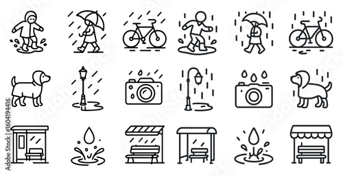 Weather and rain outline icons set – line, linear, climate and precipitation symbols