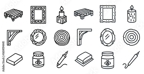 Home decor and craft outline icons set – linear, silhouette, diy and art symbols