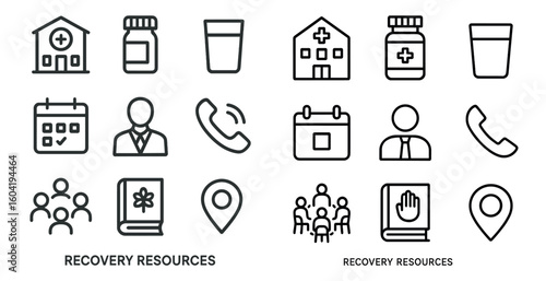 Healthcare resources outline icons set – linear, medical, recovery support symbols