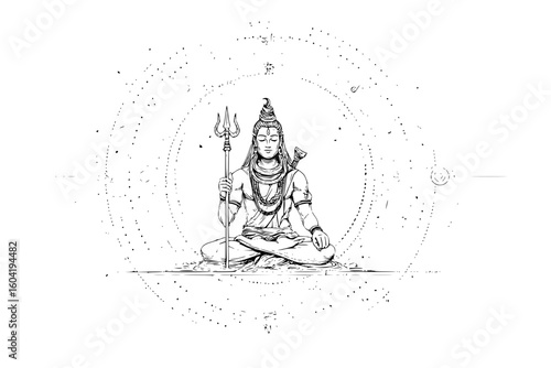 Illustration of shiva in lotus position holding a trishul with circular dotted background design art