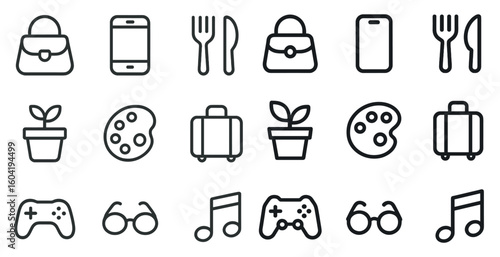 Everyday essentials outline icons set – minimal, linear, daily use design symbols