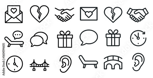 Communication and relationships outline icons set – flat, linear, conversation symbols