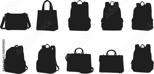 Bag and Backpack Silhouette Vector Set – Tote, Messenger, School, Laptop, Travel, and Business Bags for Design and Branding