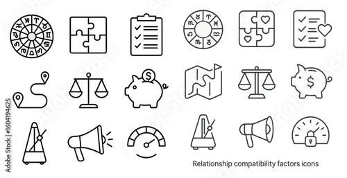 Relationship compatibility line icons set – linear, outline, connection symbols