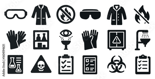 Safety and protective gear solid icons set – filled, security, hazard symbols
