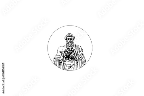 Illustration of a bearded man in a toga holding a patterned sphere inside a circle in black and white