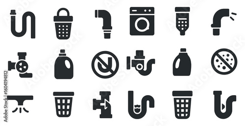 Plumbing and maintenance icons set in solid style – repair, tools, water systems