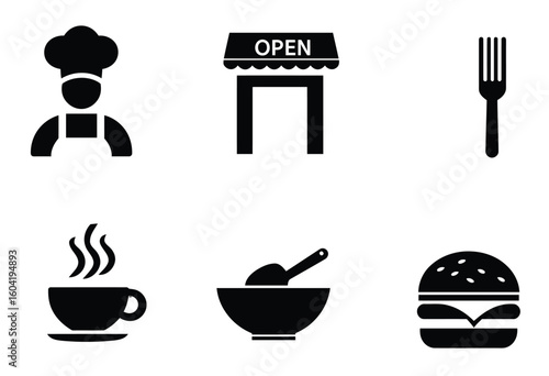 This restaurant icon set features a diverse collection of food, kitchen, and cooking utensil vector silhouettes perfect for menu design