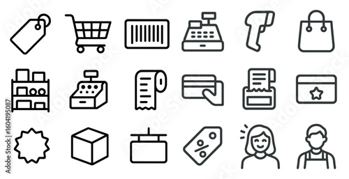 Retail and shopping outline icons set – cart, barcode, payment symbols