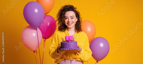The joyful woman holding a birthday cake surrounded by colorful balloons.