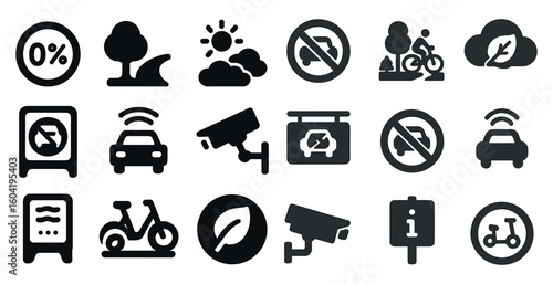 Environmental and transport solid icons set – filled, sustainability, mobility symbols