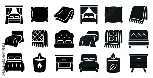 Bedroom and furniture silhouette icons set – solid, filled, home decor symbols