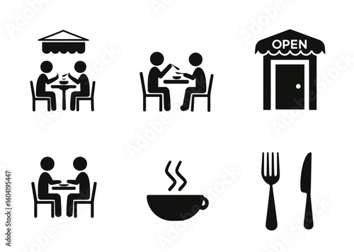 This set of food and drink icons includes illustrations of kitchen items like a chef's knife, fork, and spoon, along with restaurant symbols for coffee, wine, and cooking pots