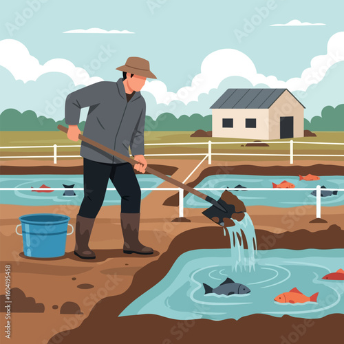Man Shoveling Soil Into Fish Pond at Rural Farm Illustration