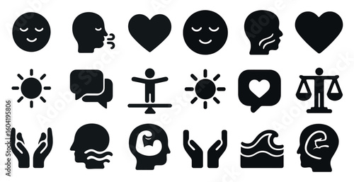 Mindfulness and wellness icons set – solid, filled, meditation symbols