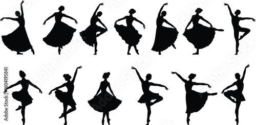 Ballet dancer silhouette collection, graceful ballerina poses, elegant dance action, female ballet dancer clipart, graceful movement vector set.