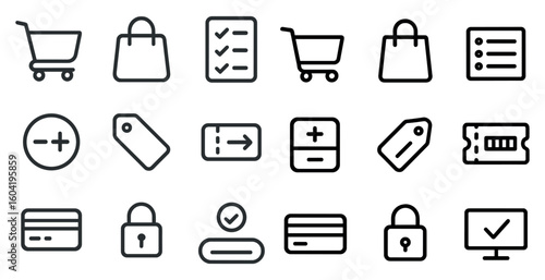 E-commerce and shopping outline icons set – retail, cart, purchase symbols