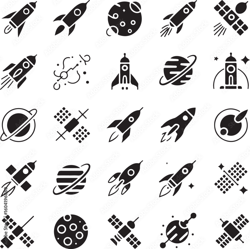 Collection of space icons featuring rockets satellites and planets Collection of space icons featuring rockets satellites and planets
