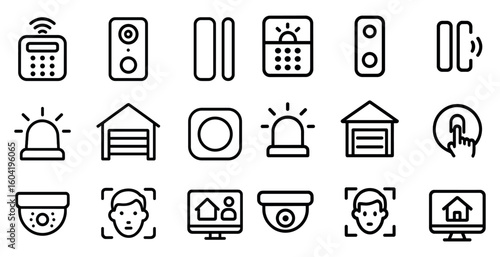 Home security line icons set – outline, surveillance, alarm system symbols