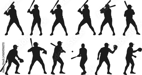 Baseball silhouettes, batter and pitcher actions, sport vector clipart, baseball game illustrations, hitting and pitching poses.