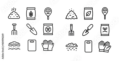 Gardening and agriculture icons set – outline, line, planting and cultivation symbols