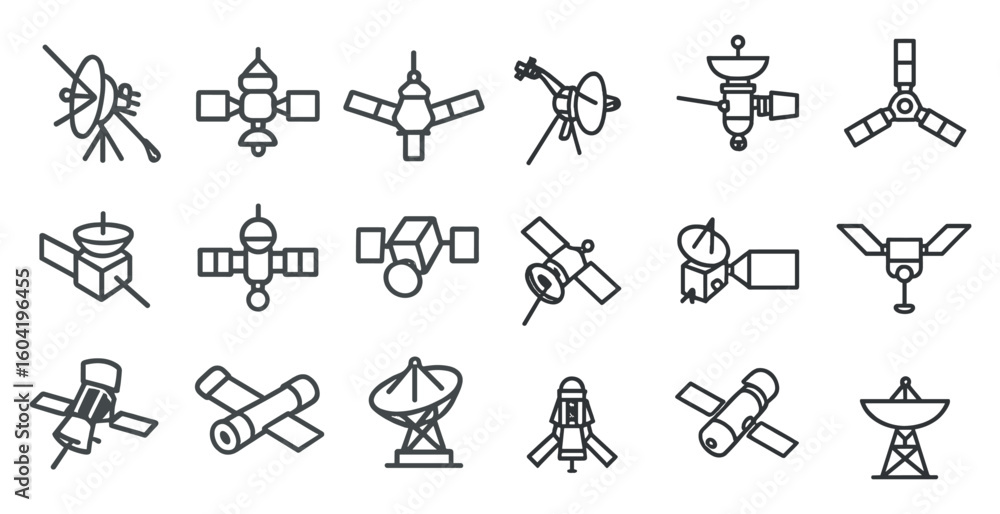Fototapeta premium Space exploration outline icons set – astronomy, satellite, cosmic symbols