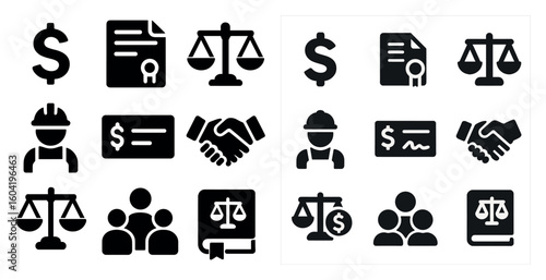 Legal and business silhouette icons set – solid, filled, contract and negotiation symbols