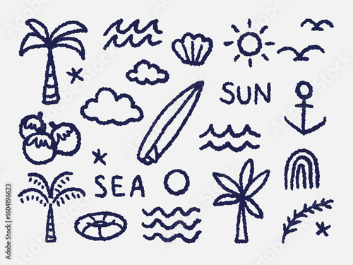 beach set drawing sun sea palm cloud wave shell clamp coconut banana starfish anchor surf 