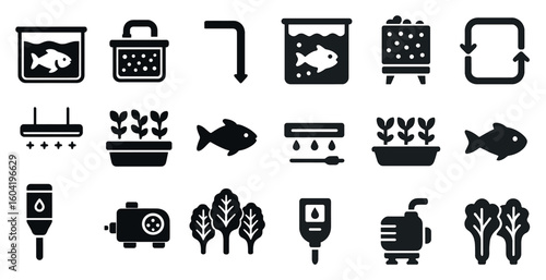 Aquaponics silhouette icons set – black, solid, urban farming symbols