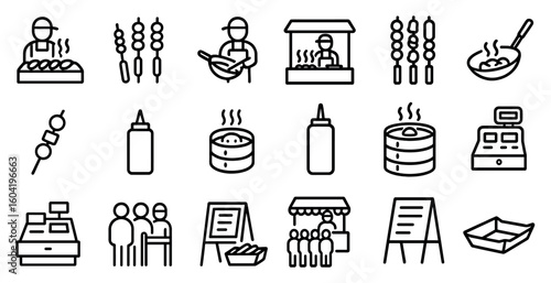 Food and beverage outline icons set – line, cooking, street food symbols