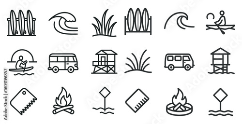 Surf and summer linear icons set – outline, beach, water sport symbols