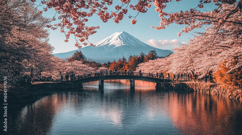 Fototapeta premium Cherry blossoms, Fuji, bridge, and calm water
