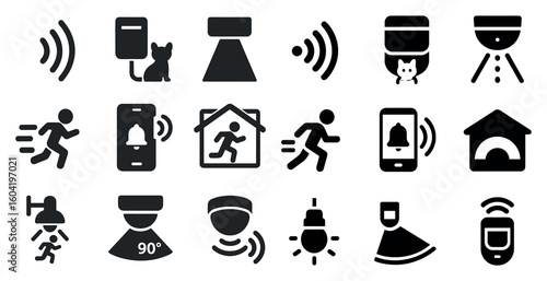 Home security solid icons set – silhouette, alarm, protection graphics