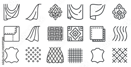 Fabric and textile outline icons set – linear, pattern, garment design elements