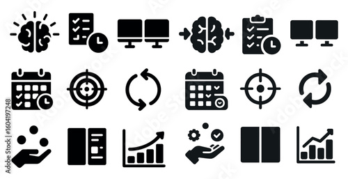Business and productivity solid icons set – flat, silhouette, task management tools
