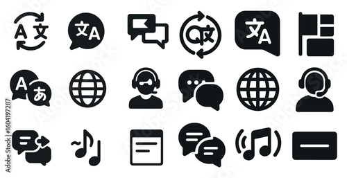 Translation and language solid icons set – flat, filled, communication symbols