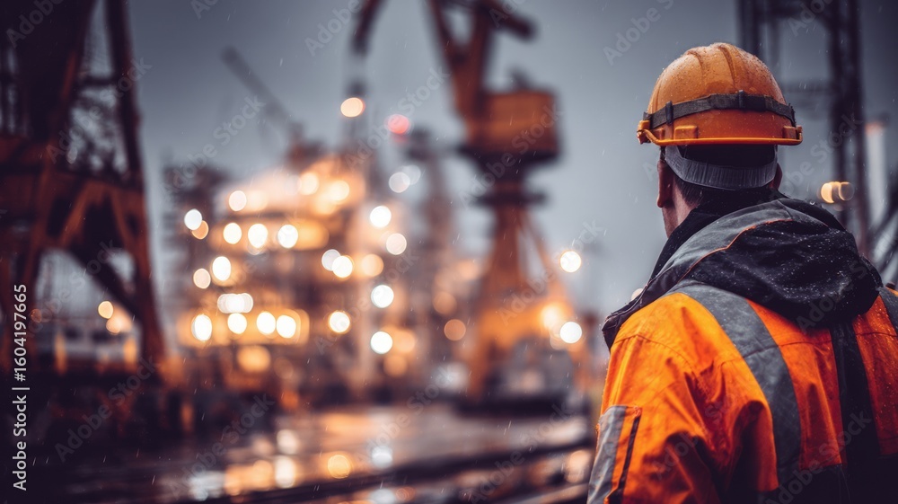 Industrial worker observes refinery under overcast sky. Neural network AI generated Industrial worker observes refinery under overcast sky. Neural network AI generated
