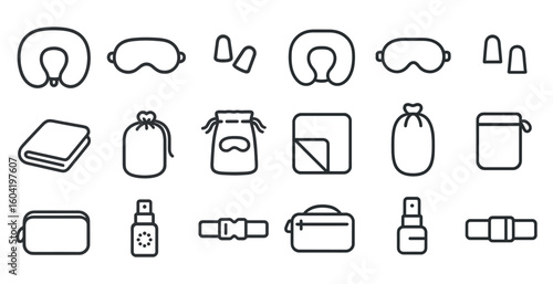 Travel and comfort icons set – outline, flat, vacation and journey essentials
