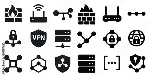 Cybersecurity and networking icons set – solid, vpn, firewall and security symbols