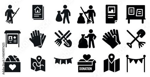 Home and community solid icons set – filled, volunteer, charity symbols