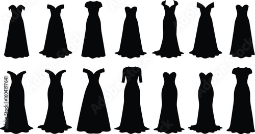 Cad drawing flat vector illustration of elegant evening dresses, black gown silhouettes, fashion dress design clipart, formal wear vector.