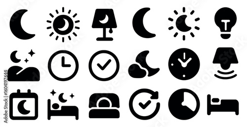 Night and sleep filled icons set – solid, bedtime, dream symbols