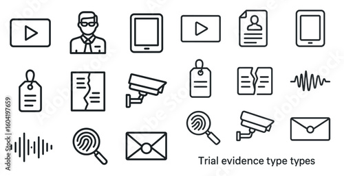 Trial evidence linear icons set – investigation, forensics, security symbols